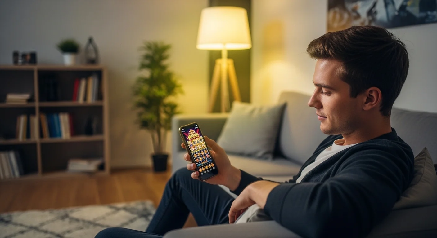Мужчина устанавливает приложение казино на смартфон дома
