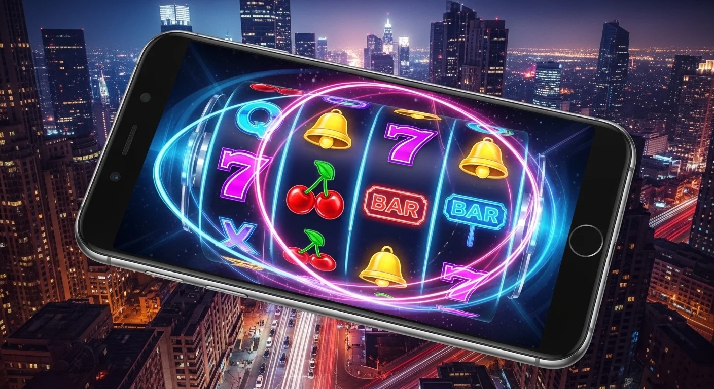 Смартфон с мобильными слотами Pin Up на фоне ночного города